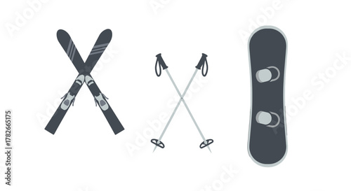 A minimalist vector set of winter sports equipment featuring crossed skis poles and a snowboard in grey tones.