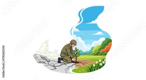 From the ashes of war, a soldier cultivates a new beginning by planting a sapling for peace and hope