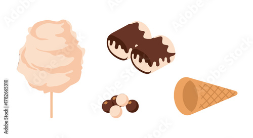 Assorted Sweet Treats Cotton Candy ChocolateDipped Rolls and Ice Cream Cone.
