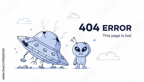 Lost in cyberspace A confused alien pilot and its damaged UFO represent a typical 404 error page, indicating content not found on a website