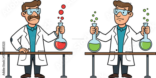 Cartoon scientists in laboratory holding colorful chemical flasks with red and green liquid, science experiment concept illustration, chemistry research