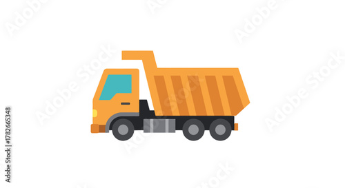 Bright Orange Dump Truck with Turquoise Window and Black Wheels.