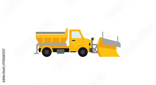 Bright yellow snowplow truck with a large front blade and rear salt spreader depicted in a clean flat vector illustration style.