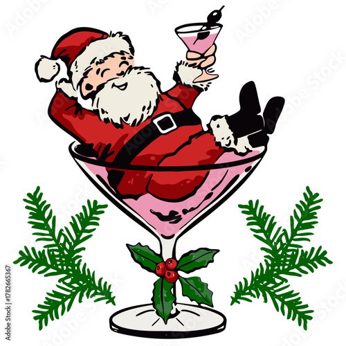 Cheerful Santa Claus in drink glass, Whimsical Father Christmas in a martini drink glass with mistletoe decorations