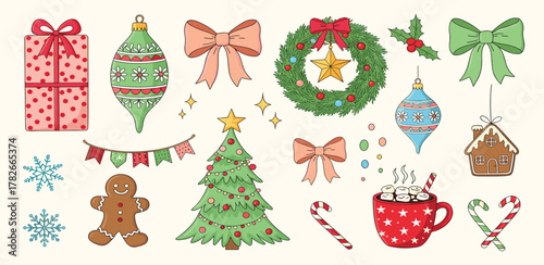 Festive Christmas Vector Icon Set Ornaments, Sweets & Decorations