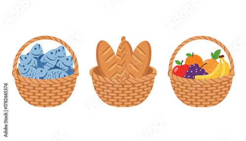 Illustrative Baskets A depiction of food staples like fish, bread, and fruits, perfect for design and educational purposes