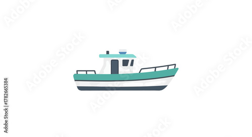 Cartoon Fishing Boat with Teal Accents and White Cabin Illustration.