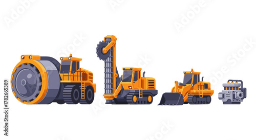 Cartoon Construction Vehicles Road Roller Drilling Rig Bulldozer and Engine.