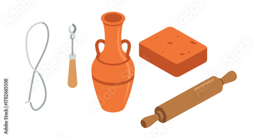 Ceramic Art Supplies Orange Terracotta Vase Clay Block Wooden Rolling Pin Wire Cutter Sculpting Tool.