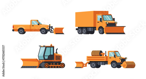 Collection of four orange snow removal vehicles with plows and brushes.