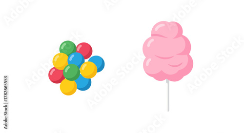 Colorful gumballs and pink cotton candy a classic carnival sweets illustration.