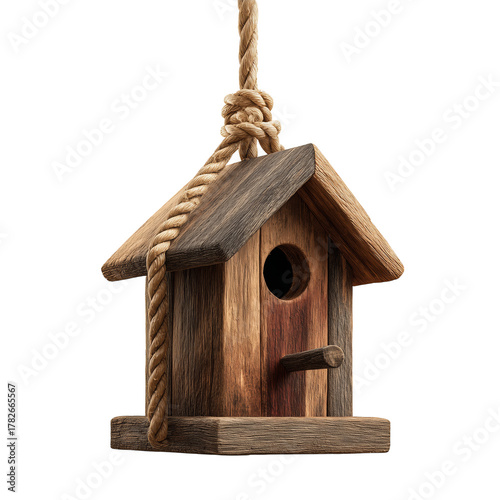 Wooden Birdhouse Hanging From a Rope in a Simple, Rustic Design Perfect for O...