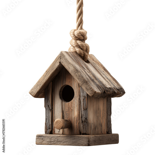 Wooden Birdhouse Hanging From a Rope in a Simple, Rustic Design Perfect for O...