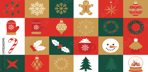 A delightful and vibrant collection of traditional festive icons, celebrating the joyous winter holiday season with decorative elements in a colorful grid pattern