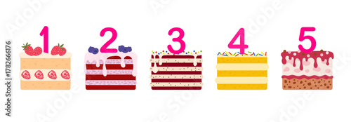 Cake slices with number candles: one, two, three, four, five isolated on white. Cake set. 