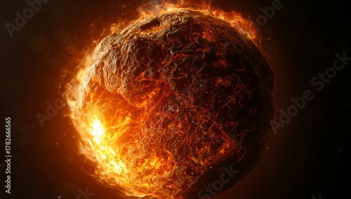 Fiery Celestial Body Molten Surface and Engulfing Flames, a Vision of Cosmic Transformation.