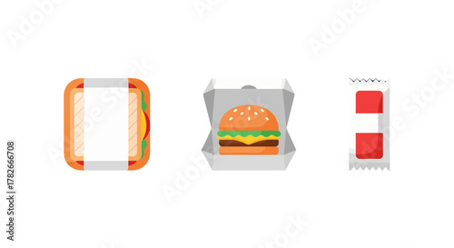 Flat design illustration of a sandwich burger and ketchup packet.