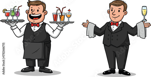 Cartoon waiter serving colorful drinks and champagne, cheerful restaurant staff illustration, hospitality service concept, professional bartender artwork