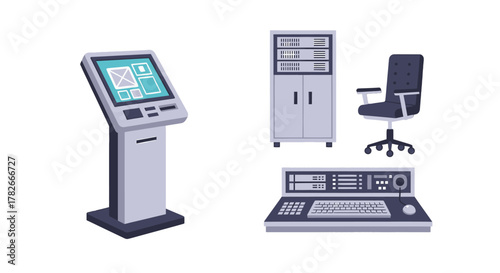 Flat Design Vector Illustration of Modern IT and Office Equipment Set.