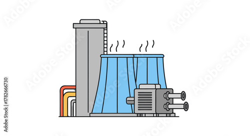 Flat design industrial power plant illustration with grey tower blue cooling towers emitting steam colorful pipes and machinery.