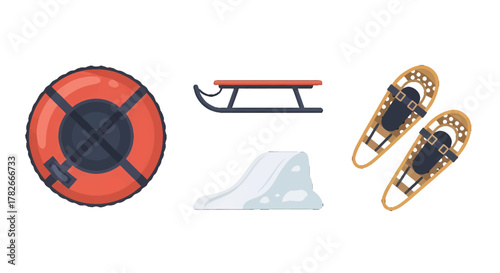 Flat design winter sports equipment collection orange snow tube classic sled snowshoes and snow pile.