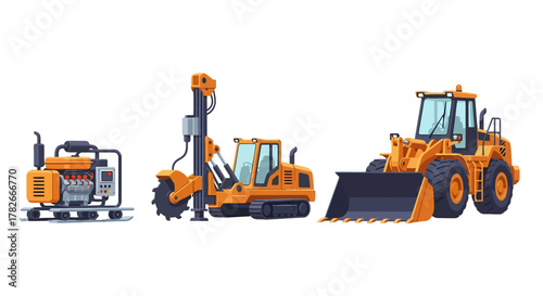 Flat vector collection of orange heavy construction machinery portable generator tracked drilling rig and front wheel loader.