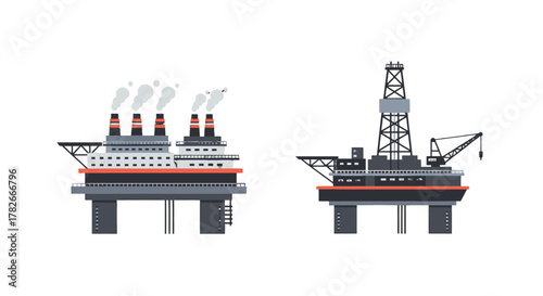 Flat vector illustration of two distinct offshore platforms an industrial factory with smoking chimneys and an oil drilling rig.