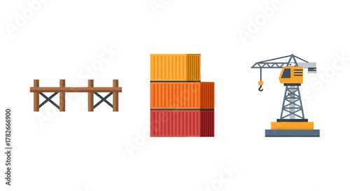 Industrial construction and logistics elements a tower crane stacked containers and scaffolding.