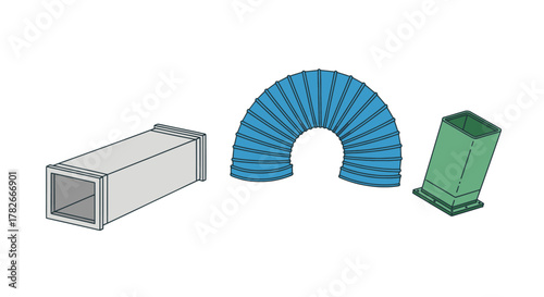 Illustrated set of rectangular air duct components grey straight blue flexible and green connector.