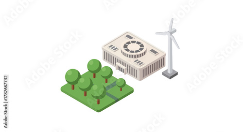 Isometric Power Plant with Wind Turbine and Green Trees Illustration.