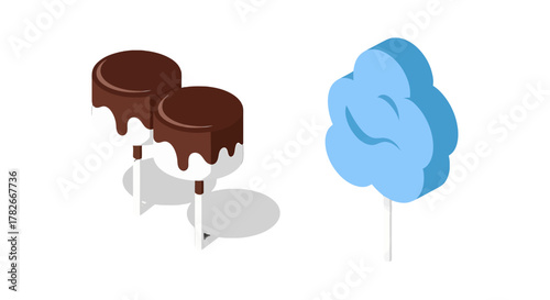 Isometric sweet treats chocolatedipped marshmallows with dripping glaze and fluffy blue cotton candy.