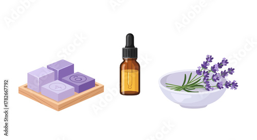 Lavender Soap Essential Oil and Lavender Flowers in a Bowl.