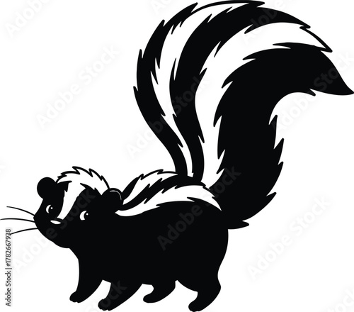 Stylized black and white silhouette of a skunk with a bushy striped tail