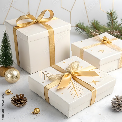 Elegant Christmas Gift Boxes with Gold Ribbon on White Background