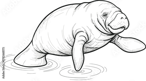 Detailed black and white line drawing of a gentle manatee in shallow water