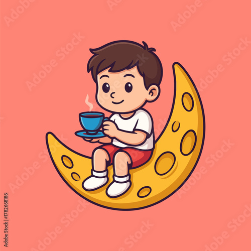 Cartoon illustration vector of a woman drinking tea or coffee for breakfast