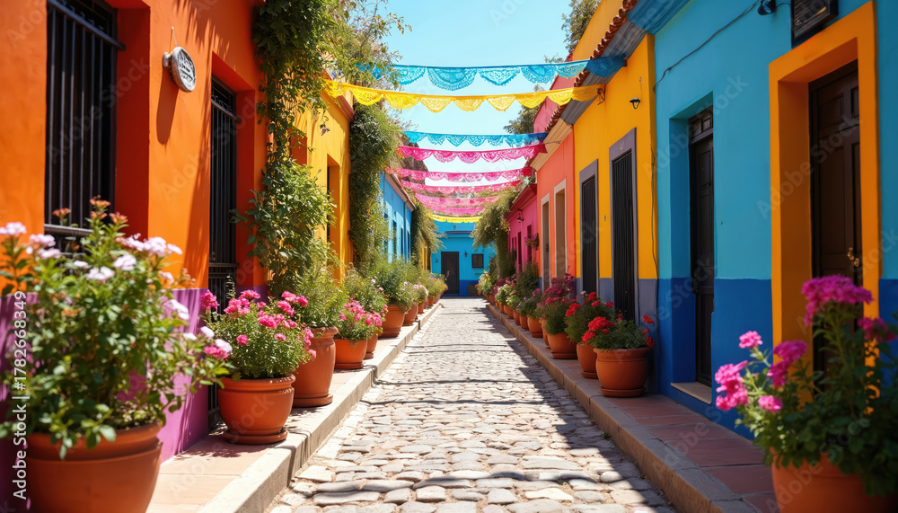 Obraz premium Quaint cobbled street lined with vibrant, colorful buildings draped in rich green plants, adorned with potted flowers. Festive papel picado banners stretch overhead creating lively, charming