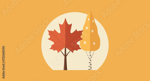 Autumnal charm: Maple leaf and birch tree in minimalist composition