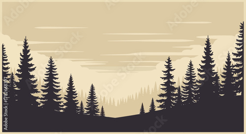 Monochrome Tranquility: A Minimalist Forest Landscape with Pine Silhouettes