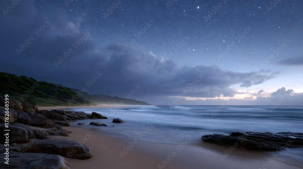 Fototapeta premium Serene beach coastline under a starry twilight sky with gentle ocean waves