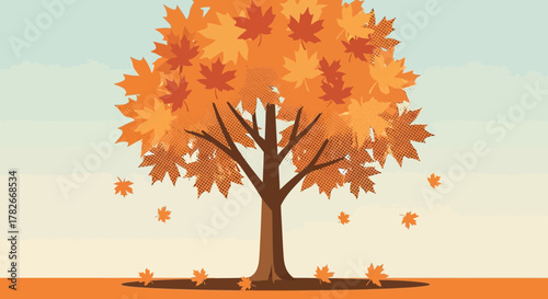 Autumnal vector tree design with falling leaves and a halftone texture