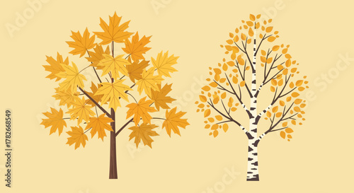 Charming autumnal botanical illustration showcasing golden trees on soft backdrop