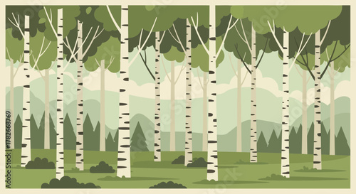 Peaceful birch forest landscape illustration with misty mountains background