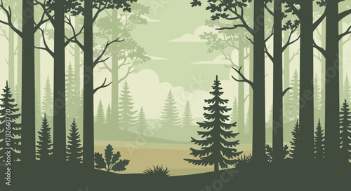 Mystical Forest Landscape in Green Hues with Towering Trees and Foggy Ambiance