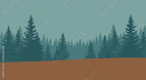 Peaceful woodland scene illustration with silhouette coniferous trees