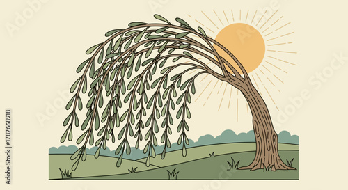 Serene Weeping Willow Landscape Drawing with Sunburst in Muted Tones