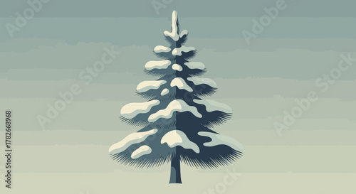 Snow-covered evergreen tree illustration on neutral background, winter scene