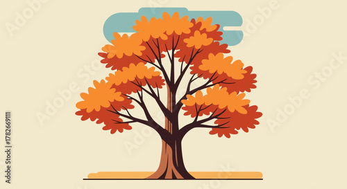 Stylized Autumn Tree with Vibrant Foliage and Rounded Cloud Shape