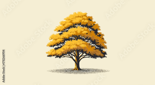 Stylized autumn tree with golden foliage and textured shading effect