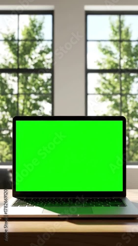 Green Screen laptop with blank static footage trees swaying or moving in the wind home interior loft office background 4k 24fps uhd loop video scene 4 distortion, overlay, glitch, noise, scan lines on